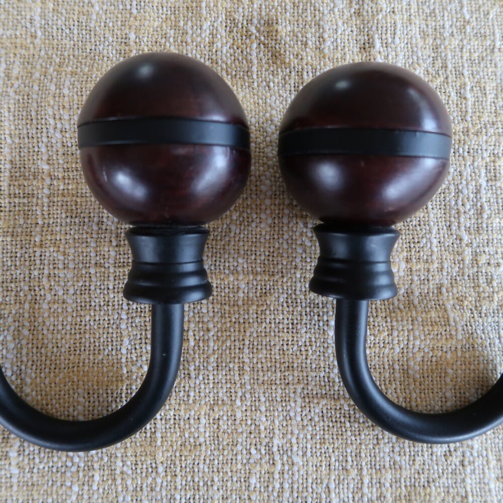 Black Iron and Wood 2-1/2" Round Ball Finial Drapery Tie Back Pair
